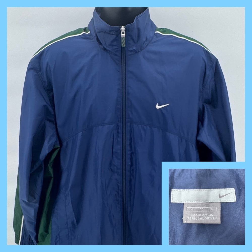 Vintage Nike Mens Navy Green White Track‎ Jacket Full Zip Sportswear Athletic XL